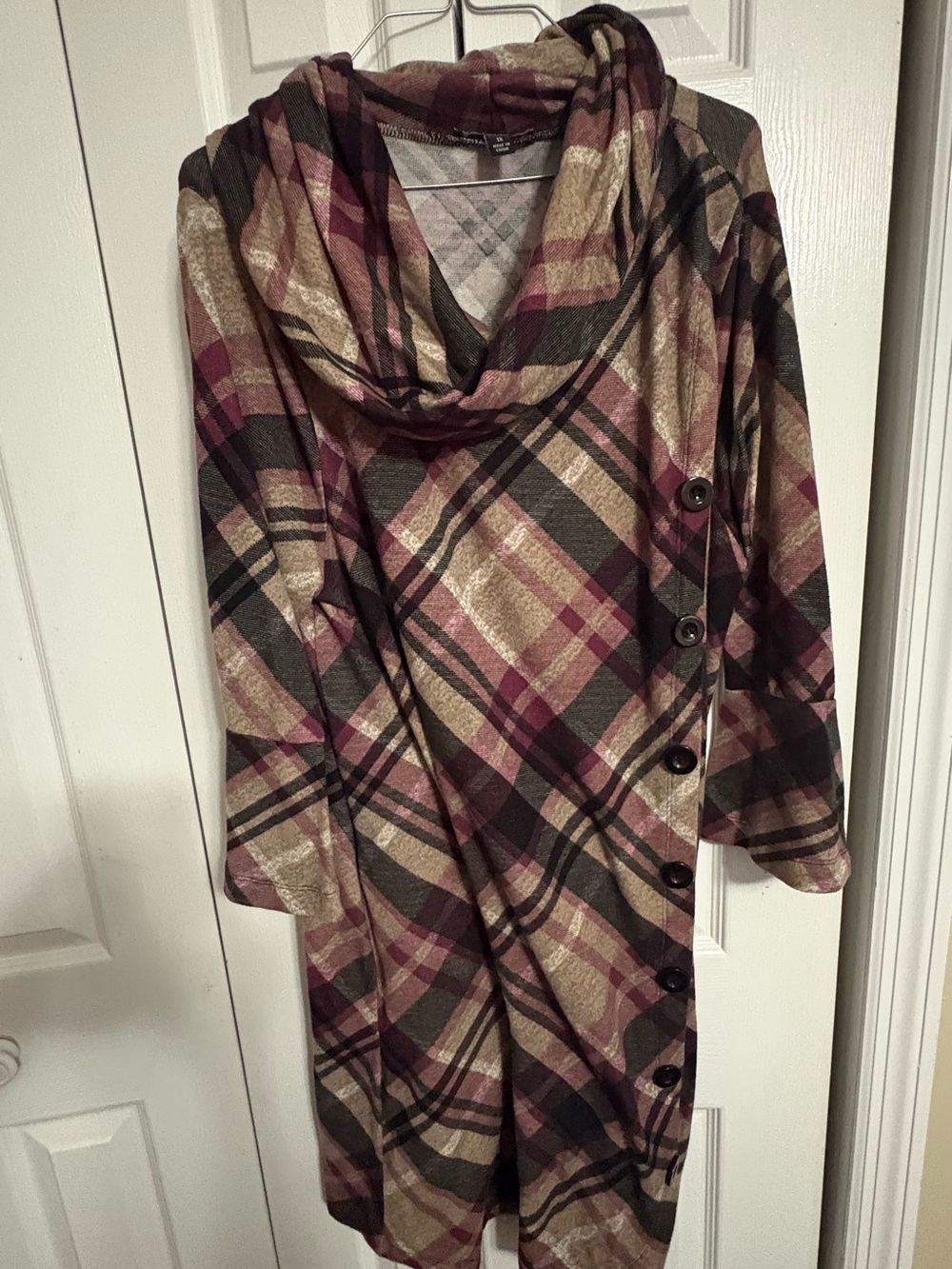 Robert Louis Plaid Cowl Neck Button-Accent Dress in Burgundy, Olive & Tan